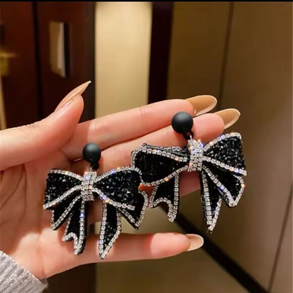 Jewelry - Black Crystal Bow Statement Earrings